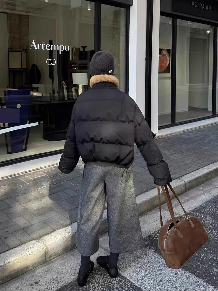 Faionable ort Du down Jaet Women's Zipper Collar Color Blo Winter Outerwear Korean Sle Warm Thiened Polyester