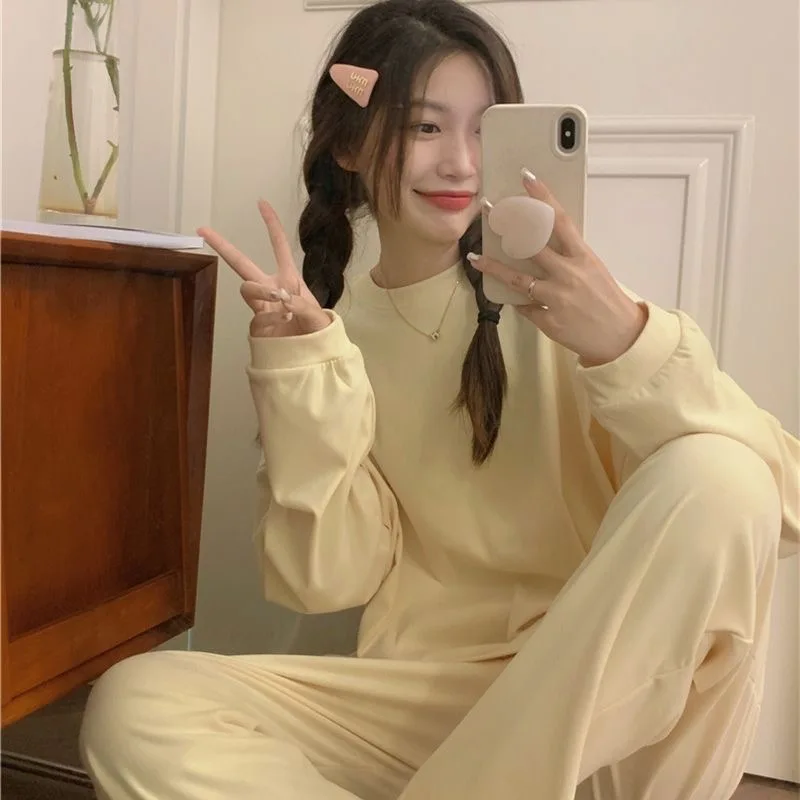 

Solid Color Pajama Sets For Women Autumn Homewear Pullover Long Sleeves and Pants Suits Female Pajama Simple Casual Sleepwear