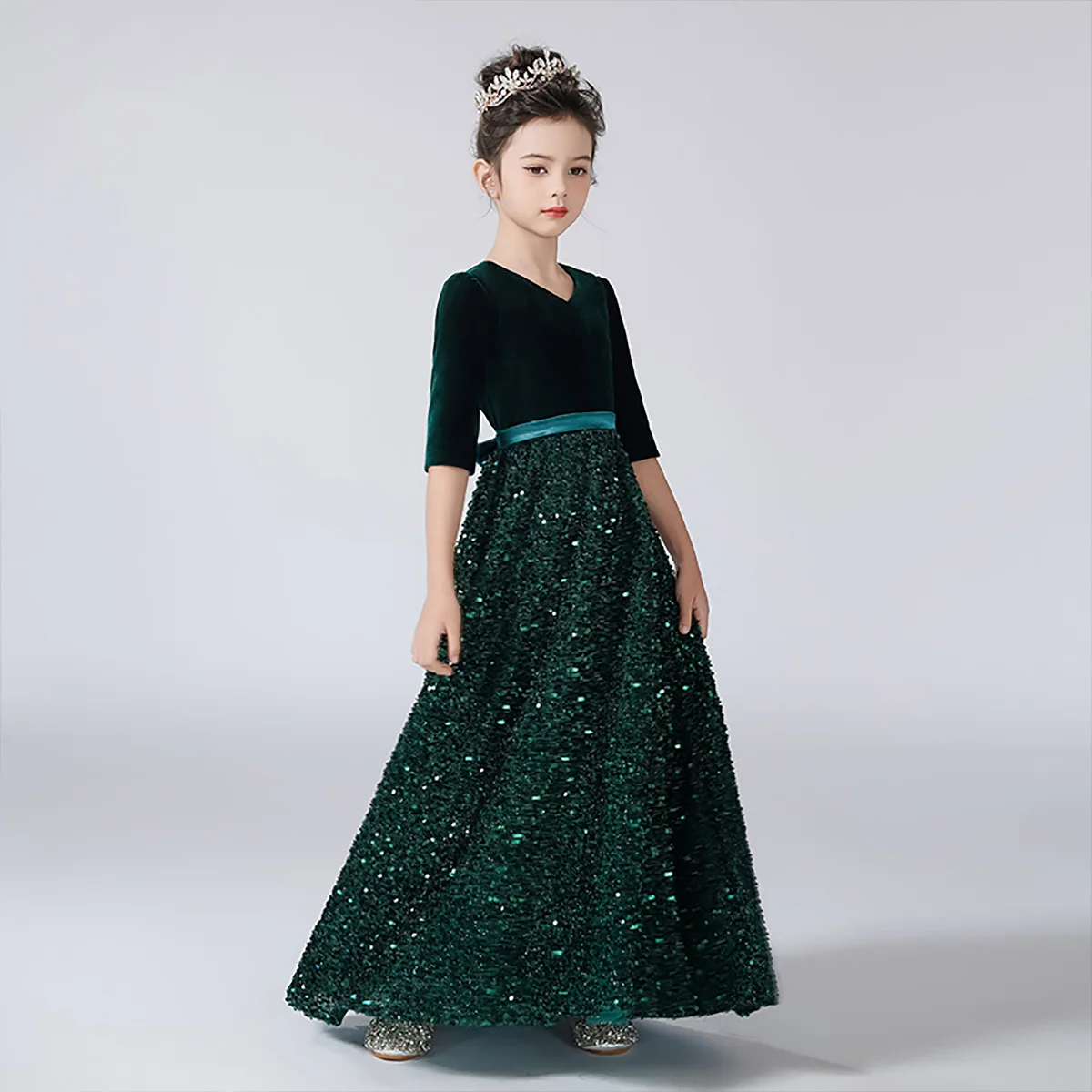 YZYmanualroom Girls' long floor-length mid-sleeve beaded wedding dress Concert Dress up Evening dress/can be customized