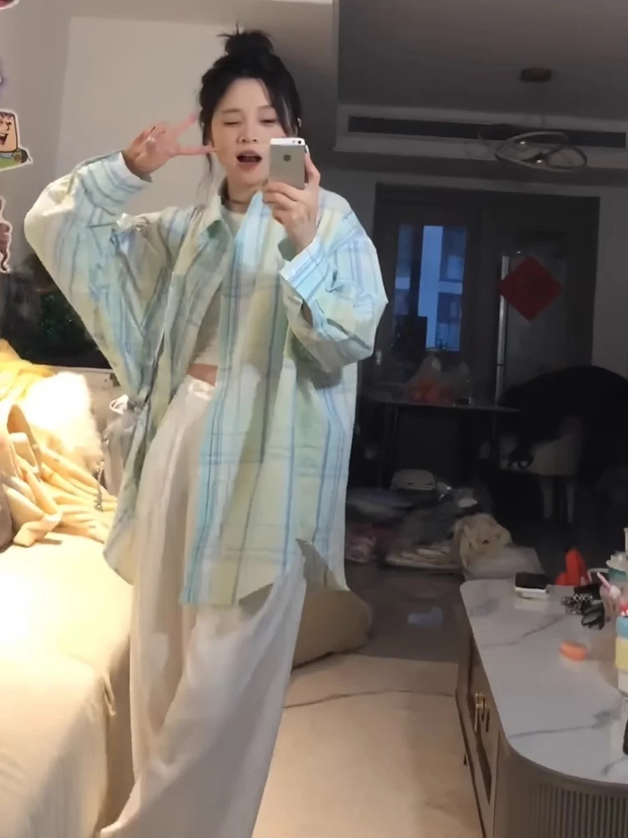 Fre hortelã een gola xadrez longo sve feminino irt outono inverno novo sle coreano solto ajuste botão para baixo outerwear