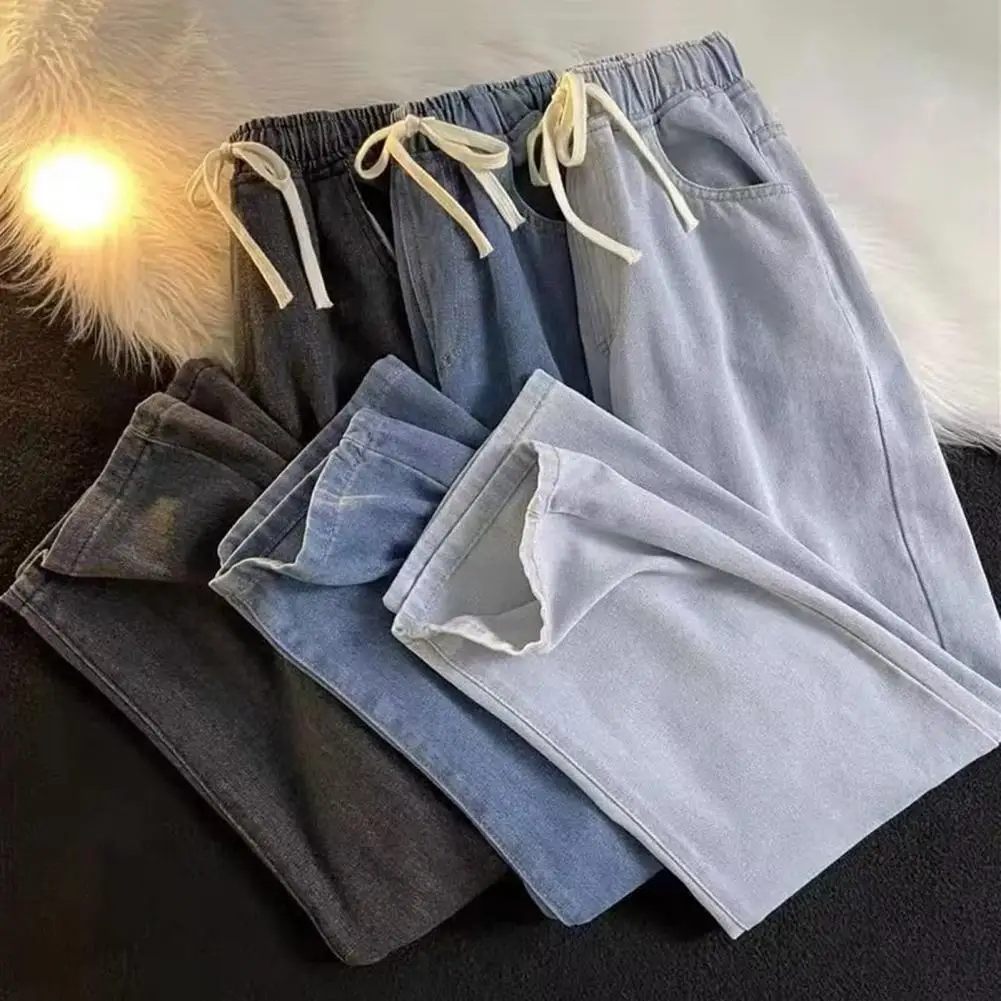 Wide Leg Denim Pants Wide Leg Denim Pants for Men Elastic Waist Drawstring Trousers with Pockets Loose Fit Straight Jeans for A