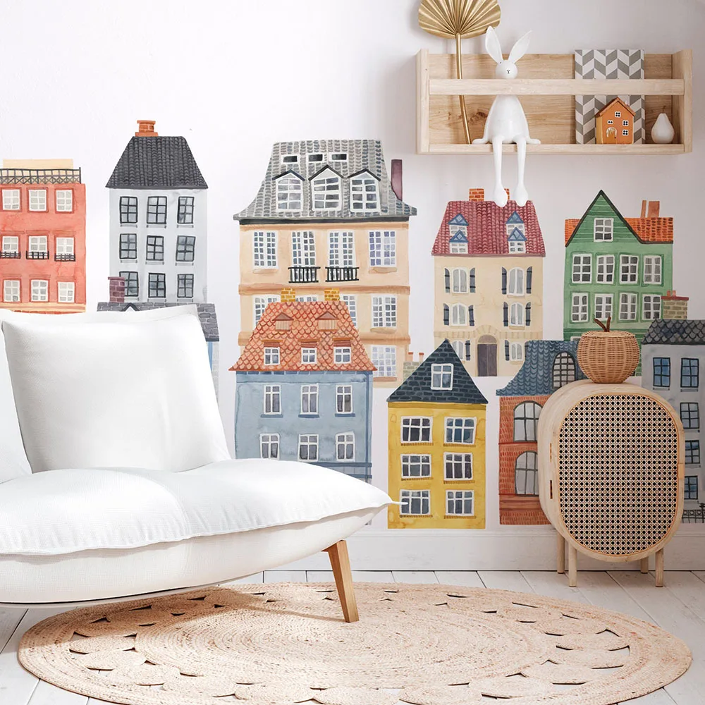 Cartoon Watercolor City Building House Wall Sticker Bedroom Playroom Kids Room Wall Decal Home Decor