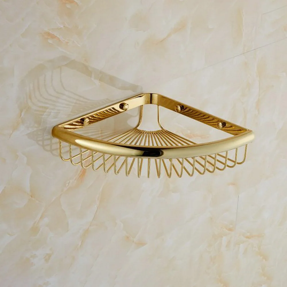 Bathroom Shelves Golden Brass Metal Shower Corner Shelf Wall Mount Shampoo Storage Shelf Rack Bathroom Basket Holder Kba099