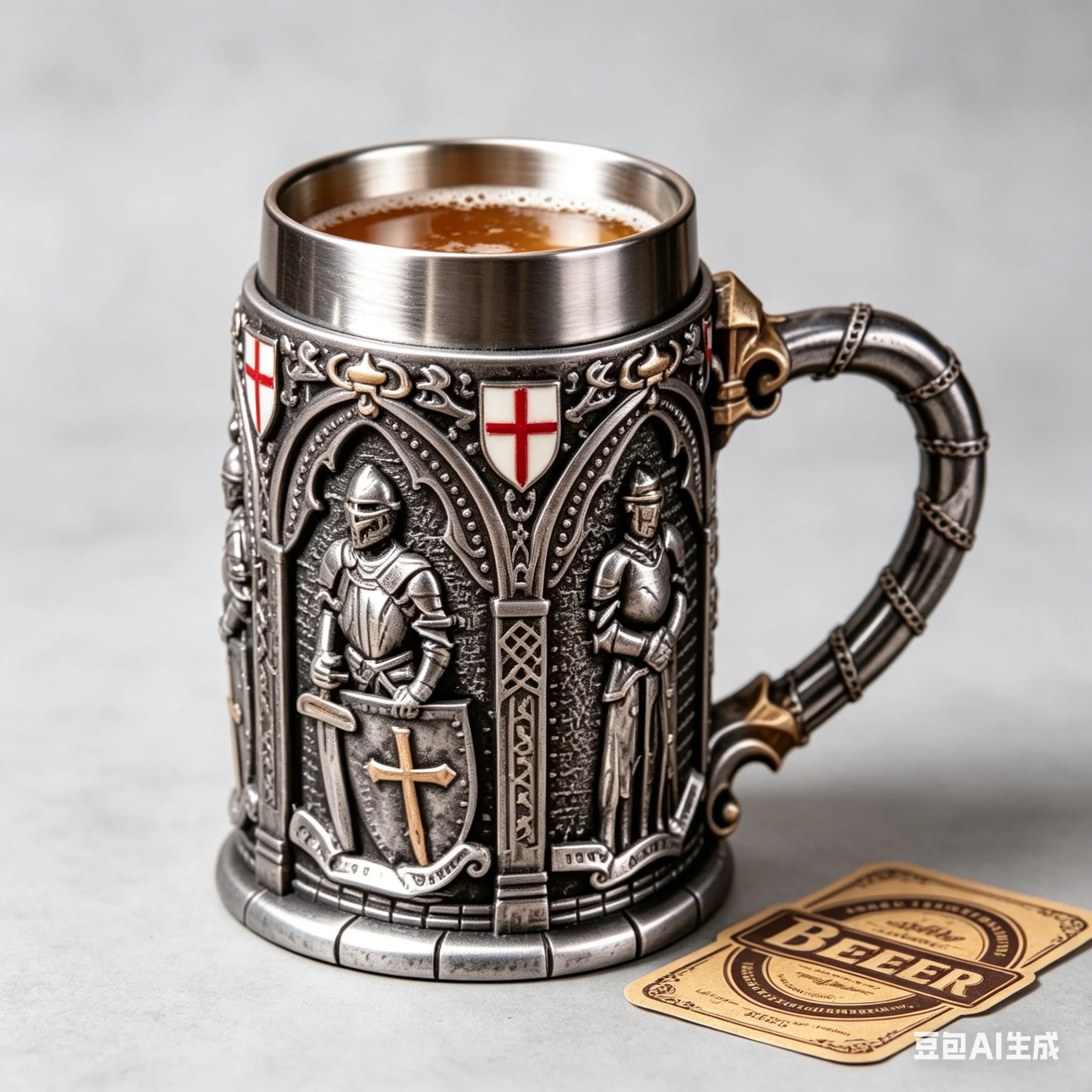 English Armoured Knight 304 Stainless Steel Tankard Stein Beer Mug with Latin Oath Design Armoured Glove Chalice Goblet Wine Gla