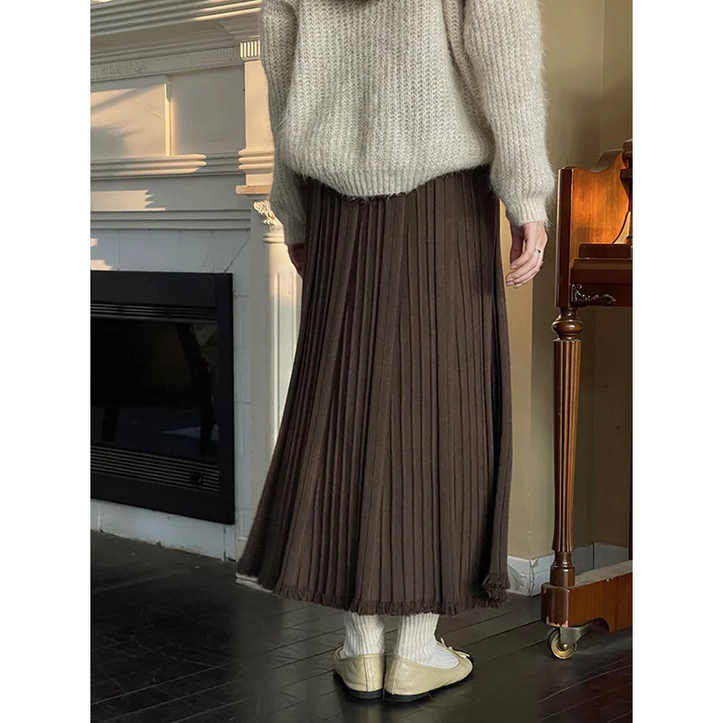 Slergiri Gonna lunga lavorata a maglia con orlo in nappa Moda donna Nuovo 2025 Autunno Inverno Tinta unita a vita alta Gonne a pieghe da donna dolci