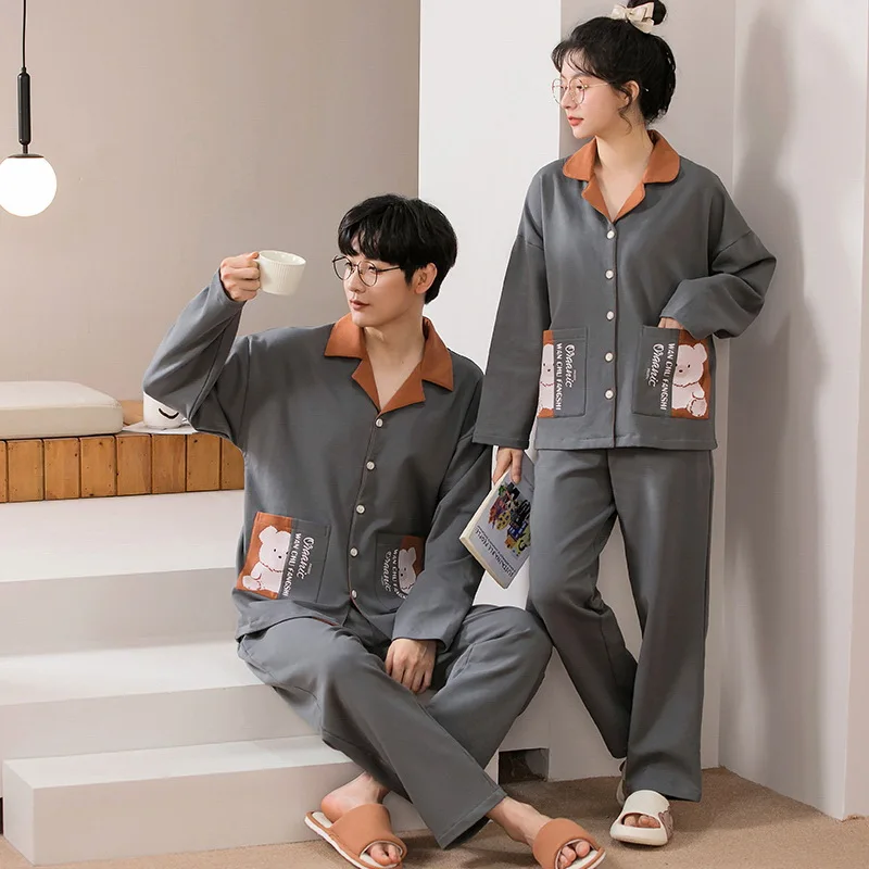 Cotton PJ Men\'s Sleepwear Adult Cardigan Pajamas for Couple Sleep Lounge Nightwear Mujer Women Pijamas Long Sleeves men pajamas