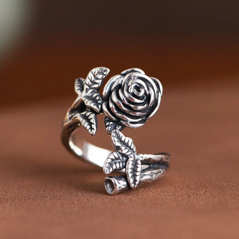 

A Rose to U Тайские серебряные кольца с цветком розы для женщин Стерлинговое серебро 925 пробы Цветочные украшения Этнические листья Круглое кольцо Винтажный цветок