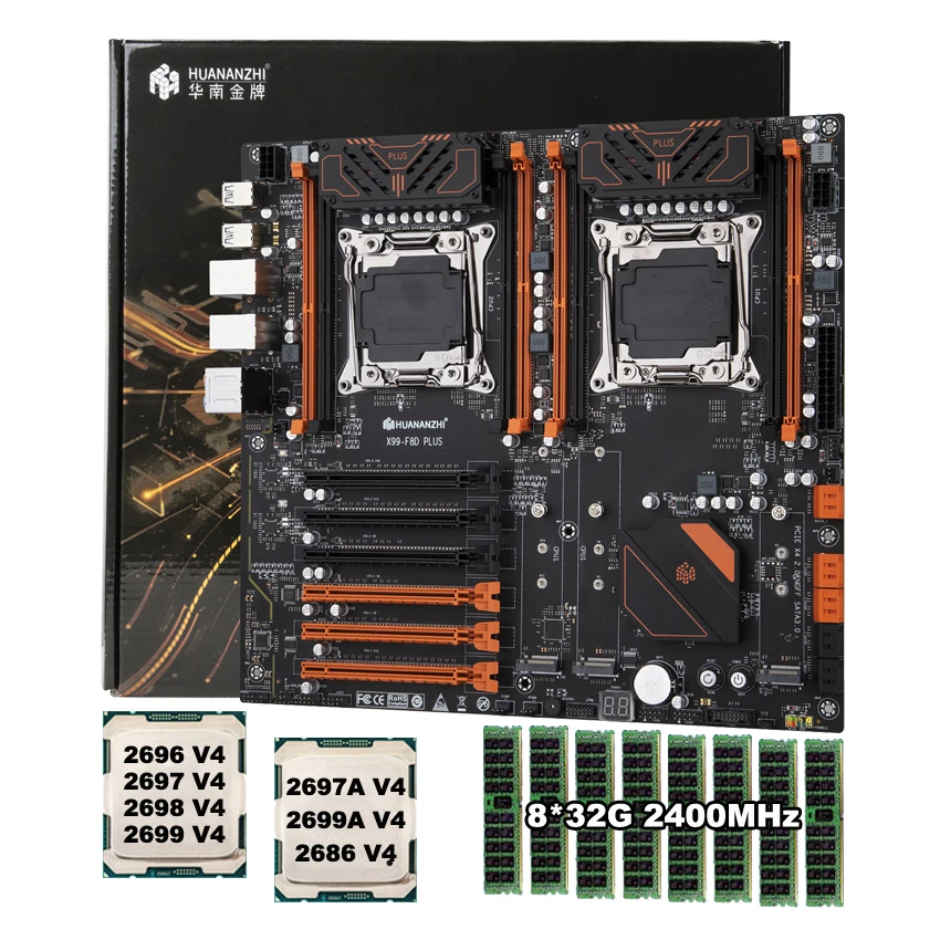 HUANANZHI X99-F8D PLUS Motherboard Sets Server Workstation 2*2699A V4 CPU 2*2686 V4 Processors Big Brand 256G DDR4  RAM 2*Cooler