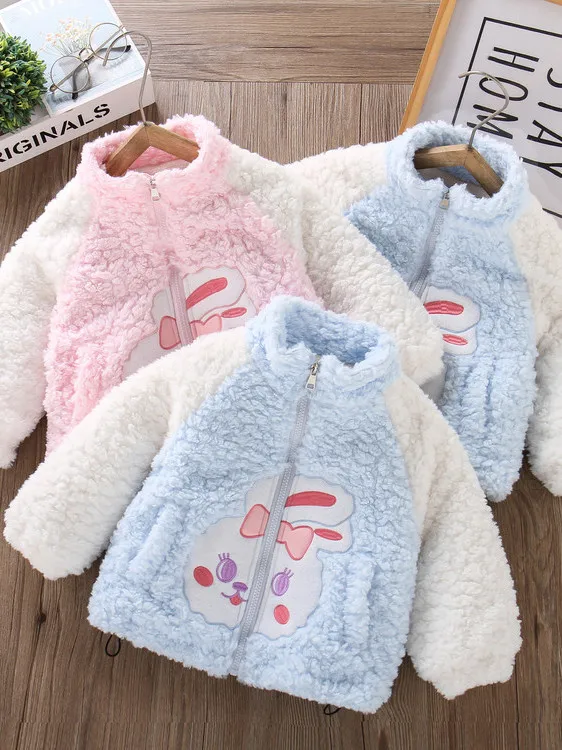 

Girls Winter Fce Lined Cotton Blend Sweater Coat Stand Collar Cartoon Embroidery Rabbit Cotton Padded Jaet Long Sve Z...