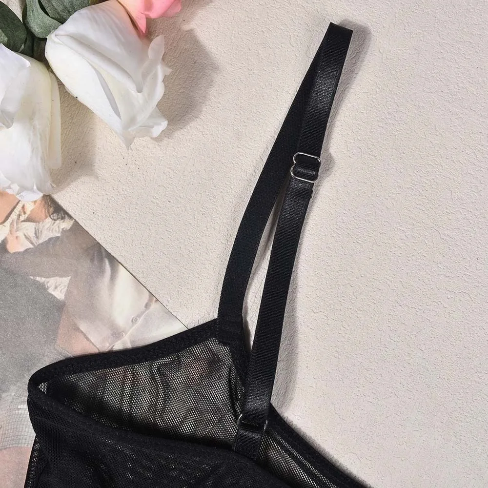 Thin Mesh Hollow Mesh Bodysuit Spicy Girl Style Solid Color Mesh Sheer Jumpsuit Sleeveless Transparent Women Lingerie Ladies