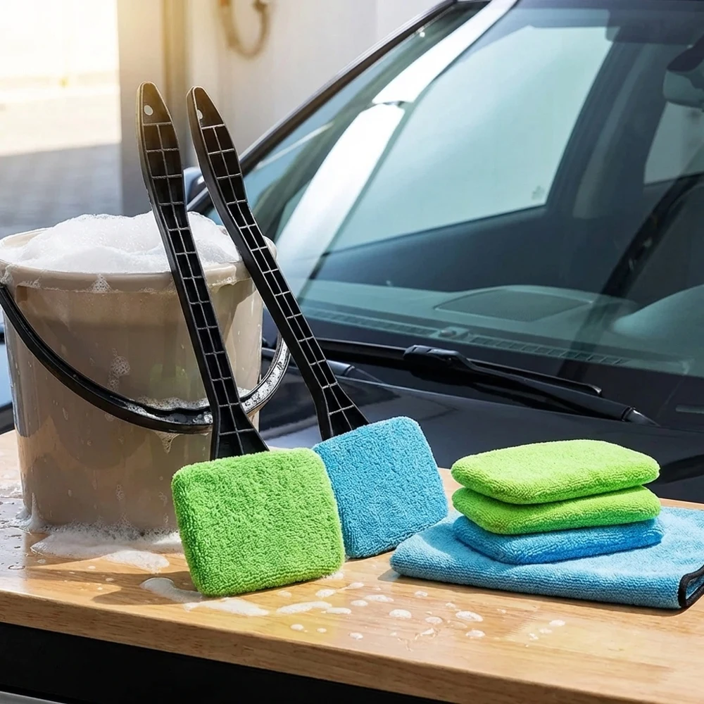 Car Window Cleaner Brush Kit Windshield Cleaning Wash Tool Interior Auto Glass Wiper With Long Handle Reusable Microfiber Pads A