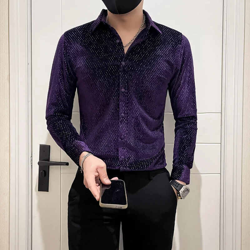 

Luxury Velvet Men's Long-sleeved Shirt for Fall/Winter 2024, Suitable for Young Nightclubs and Party Dress Shirts.