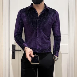 Luxury Velvet Men's Long-sleeved Shirt for Fall/Winter 2024, Suitable for Young Nightclubs and Party Dress Shirts.