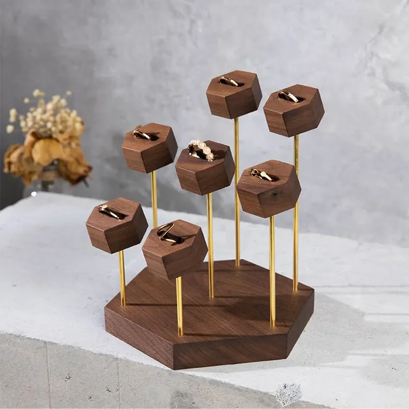 Creative geometric jewelry rack light luxury walnut creative high-end shopping mall store jewelry display props