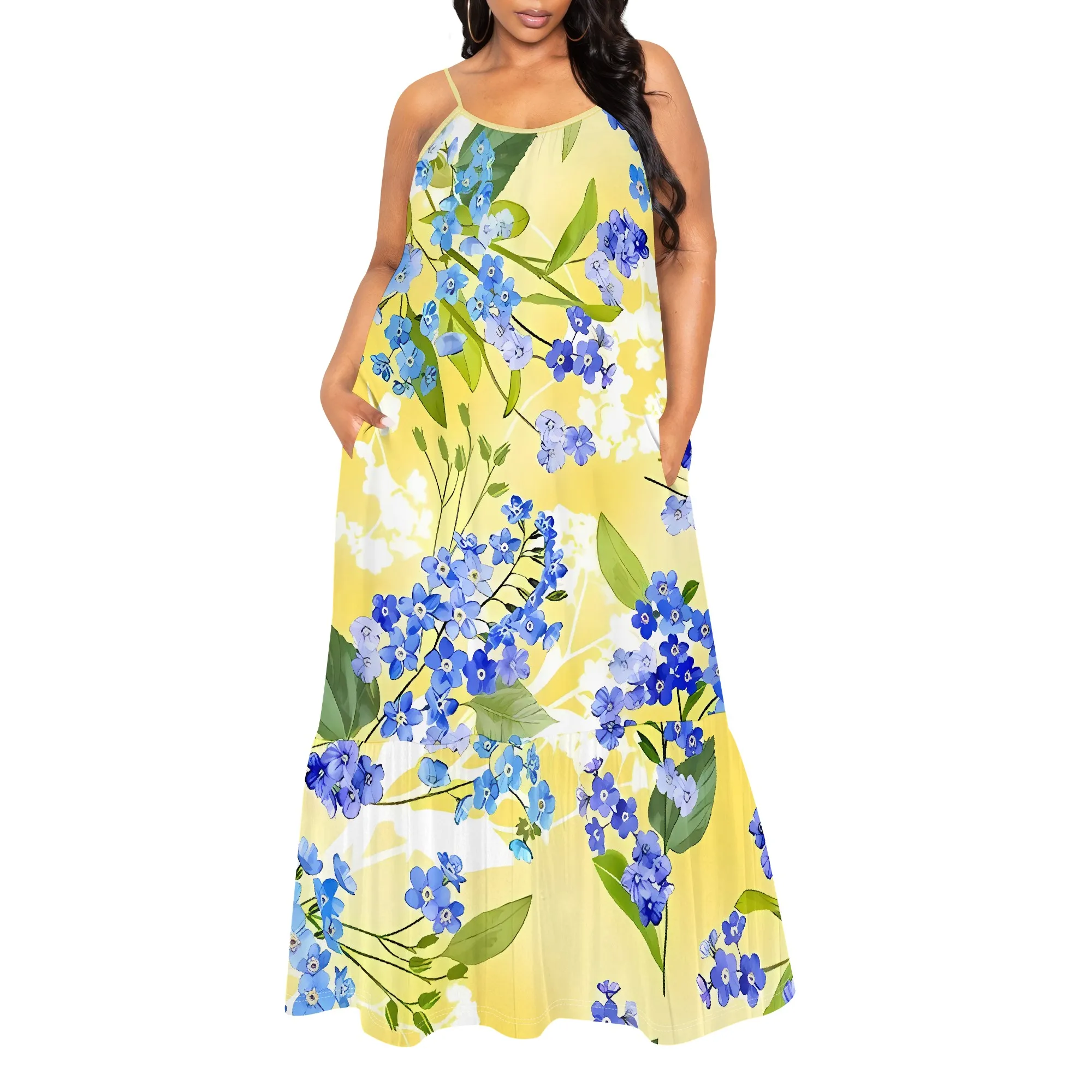 Nupusa ブルー花柄ドレス女性のための標準サイズ夏カジュアルスパゲッティストラップマキシドレス