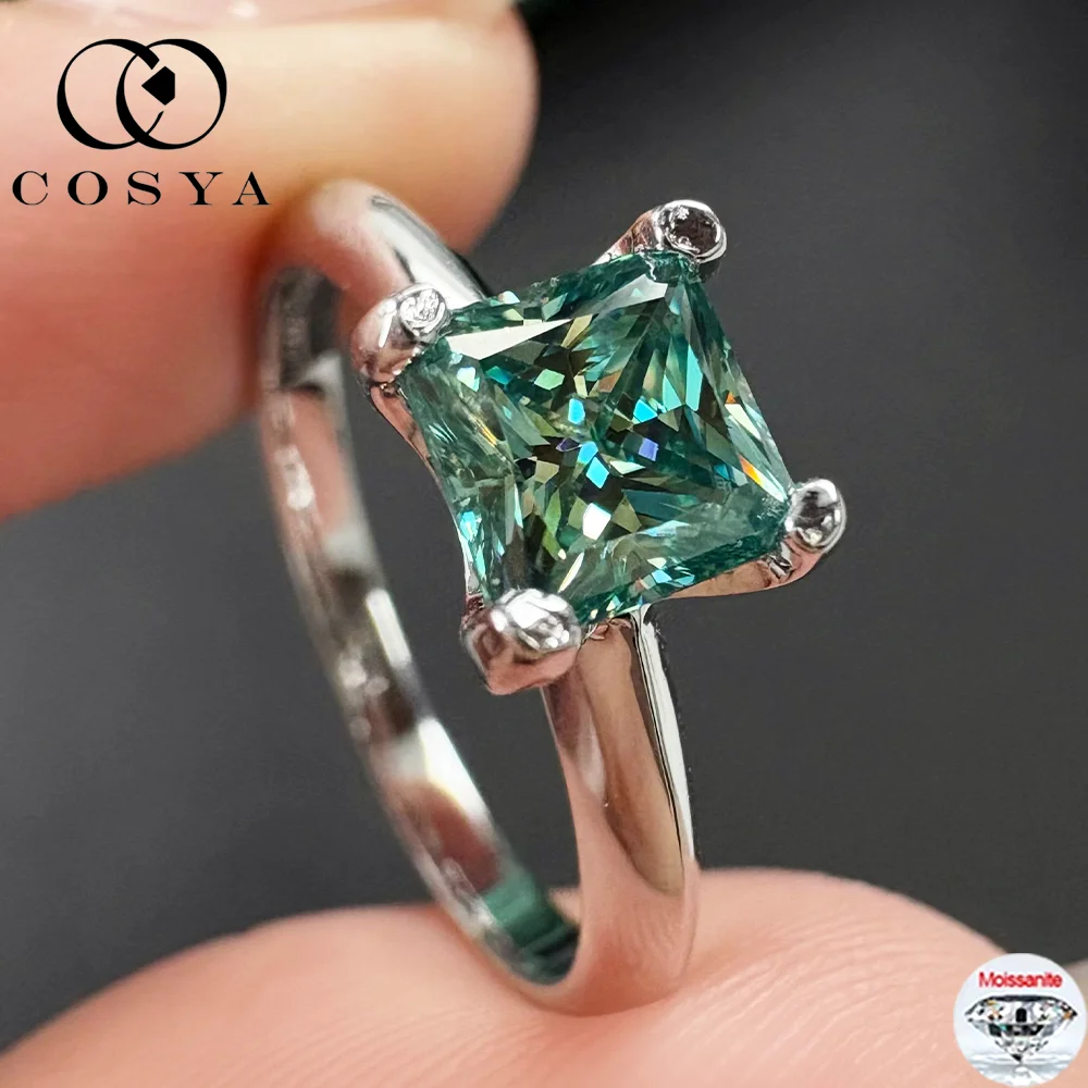 

COSYA 1CT 5,5 мм кольцо с муассанитом огранки принцессы для женщин, стерлинговое серебро 925 пробы, зеленый лабораторный бриллиант, сверкающее обручальное кольцо, ювелирные изделия