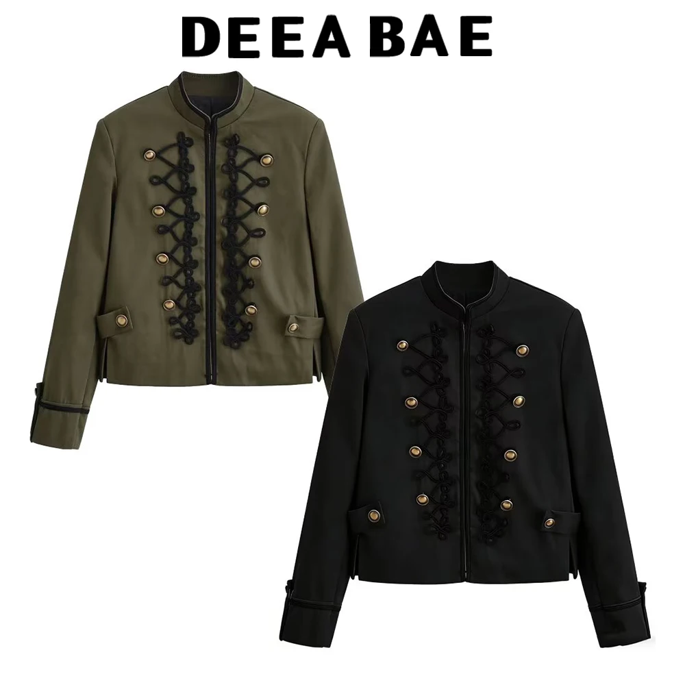 DEEABAE Spring and Autumn New Product Women's Stand up Collar Long Sleeve with Shoulder Pads Rope Knot Short Suit Coat