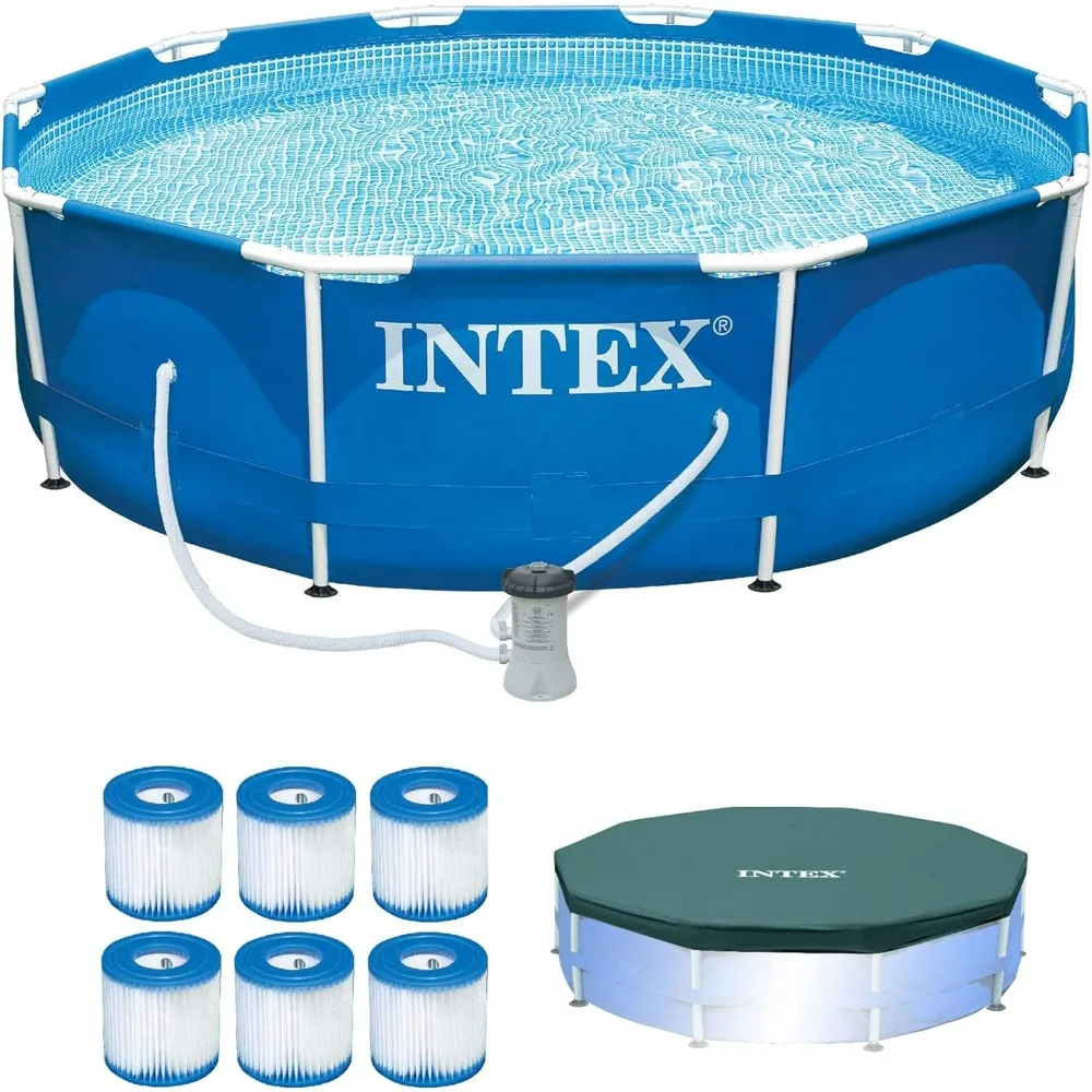 INTEX Pool Marco de metal Juego de piscina redonda para exteriores de 10'x30" con bomba de filtro de 330 GPH, cubierta para piscina y cartucho de filtro tipo H