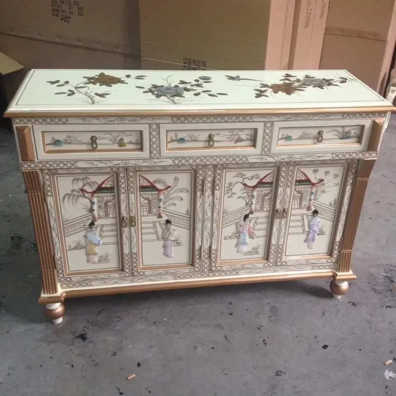 Three Bucket Four Door Cabinet Porch Entrance Foyer Decorative Storage Unit Painted Furniture with Inlaid Shells