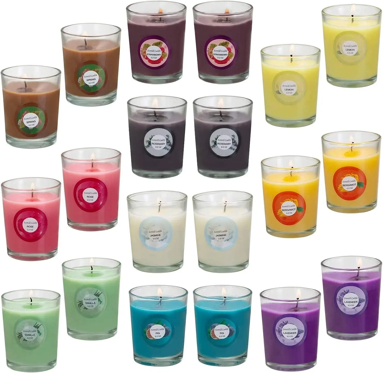 

Scented Candles, Jasmine, Rose, Vanilla, Bergamot, fig, Lavender, Lemon, Spring,Strawberry, Rosemary