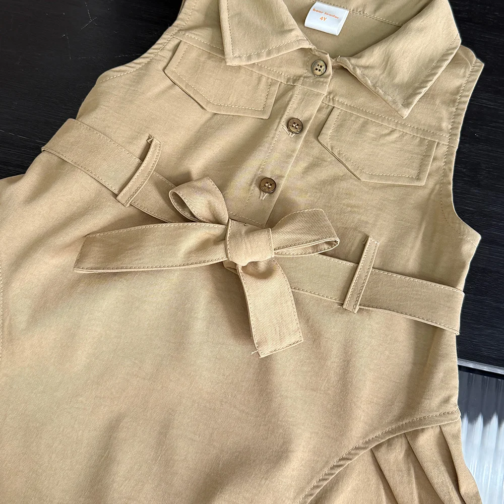 Bear Leader Mode Mädchen Windschutz Kleider Sommer ärmellose Arbeitsoutfits mit Bund einfarbige Kinderkleidung – Detail 7
