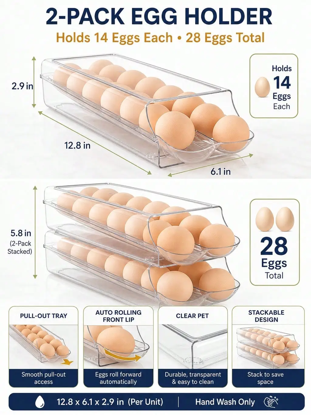 2-Pack Clear Automatic Rolling Egg Holder, Stackable Fridge Drawer Organizer, 28 Eggs Total, Pull-Out Fridge Tray