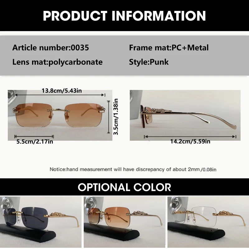 Rectangle Rimless Sunglasses Retro Cheetah Women Fashion Sun Glasses Men UV400 Eyewear Square Leopard Head Metal Shades