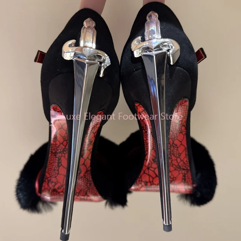 Black Suede Sword Shaped Furry Stiletto Sandals Women Sliver Metal Decor Buckle Strap High Heels Sexy Fashion Party Catwalk Shoe