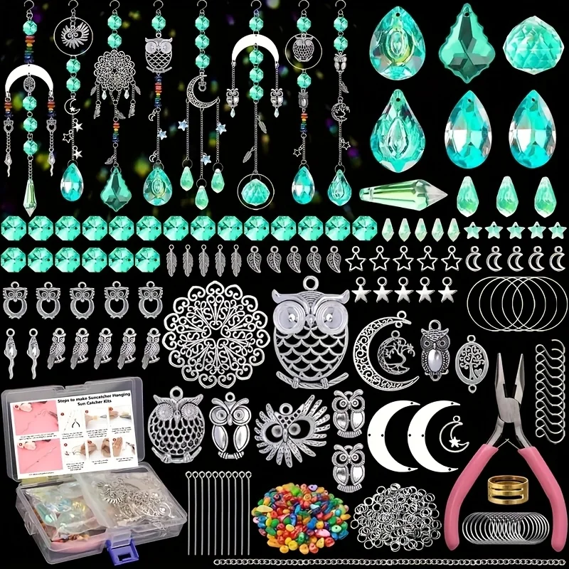 420-teiliges Kristall-Regenbogen-Maker – Sonnenfänger-DIY-Set für Erwachsene für Hochzeiten mit Glasperlen und Werkzeugen – Eulen-Design für den Innenbereich, Fenster, Sonne