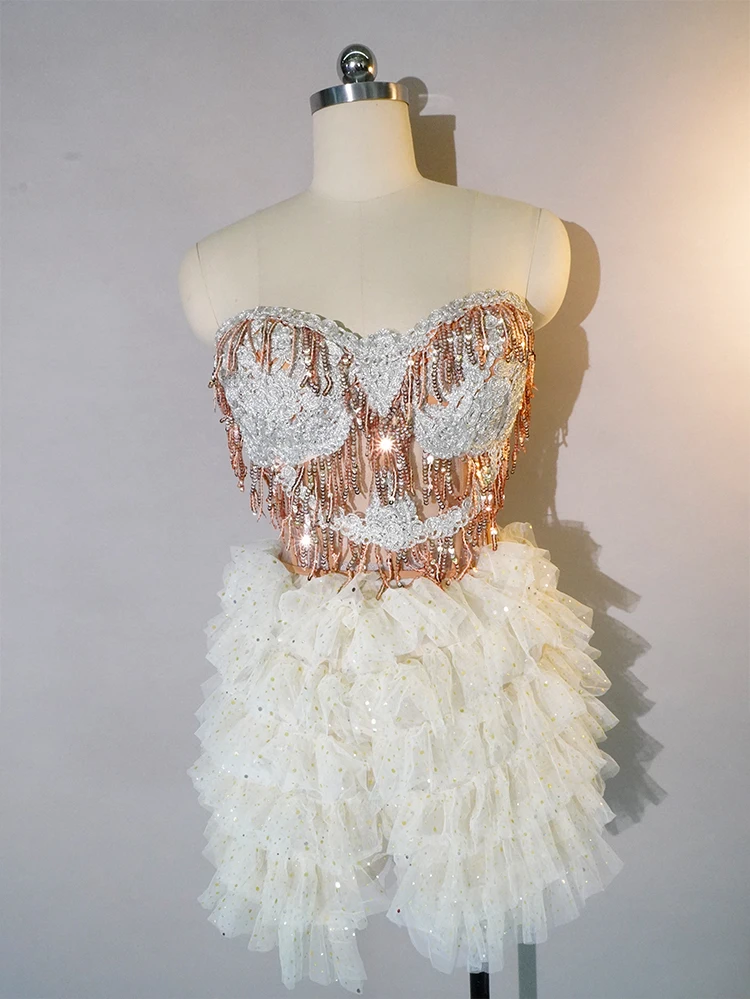 

A White And Fashionable Twopiece Womens Suit With Shiny Beaded Dress A Sexy Stage Dance Suit And A Club Party Performance Outfit