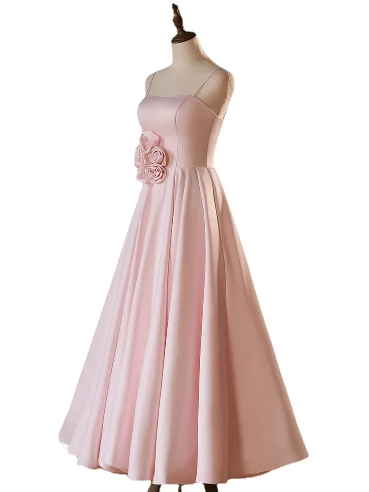 Customized Sweet Simple Elegant Flower Design Wedding Party Vestidos Pleated Slim Waist Solid Evening Dresses Temperament Sling