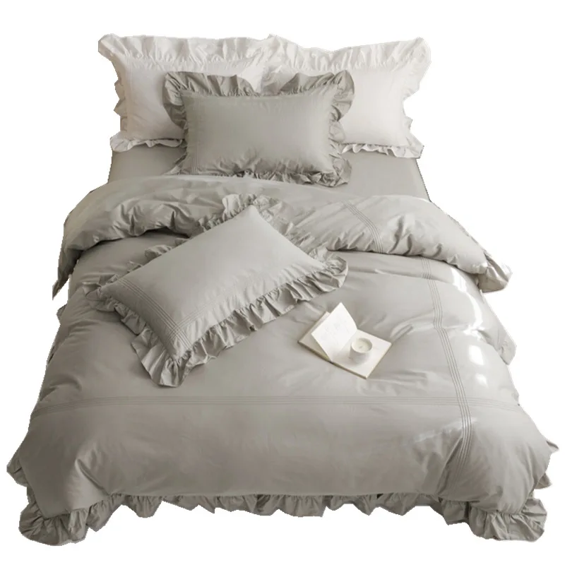 

Solid Cotton Four Piece Set Princess Style Pure Cotton Ruffled Quilt Cover Pillow Case Girl Long Staple Cotton Bedding