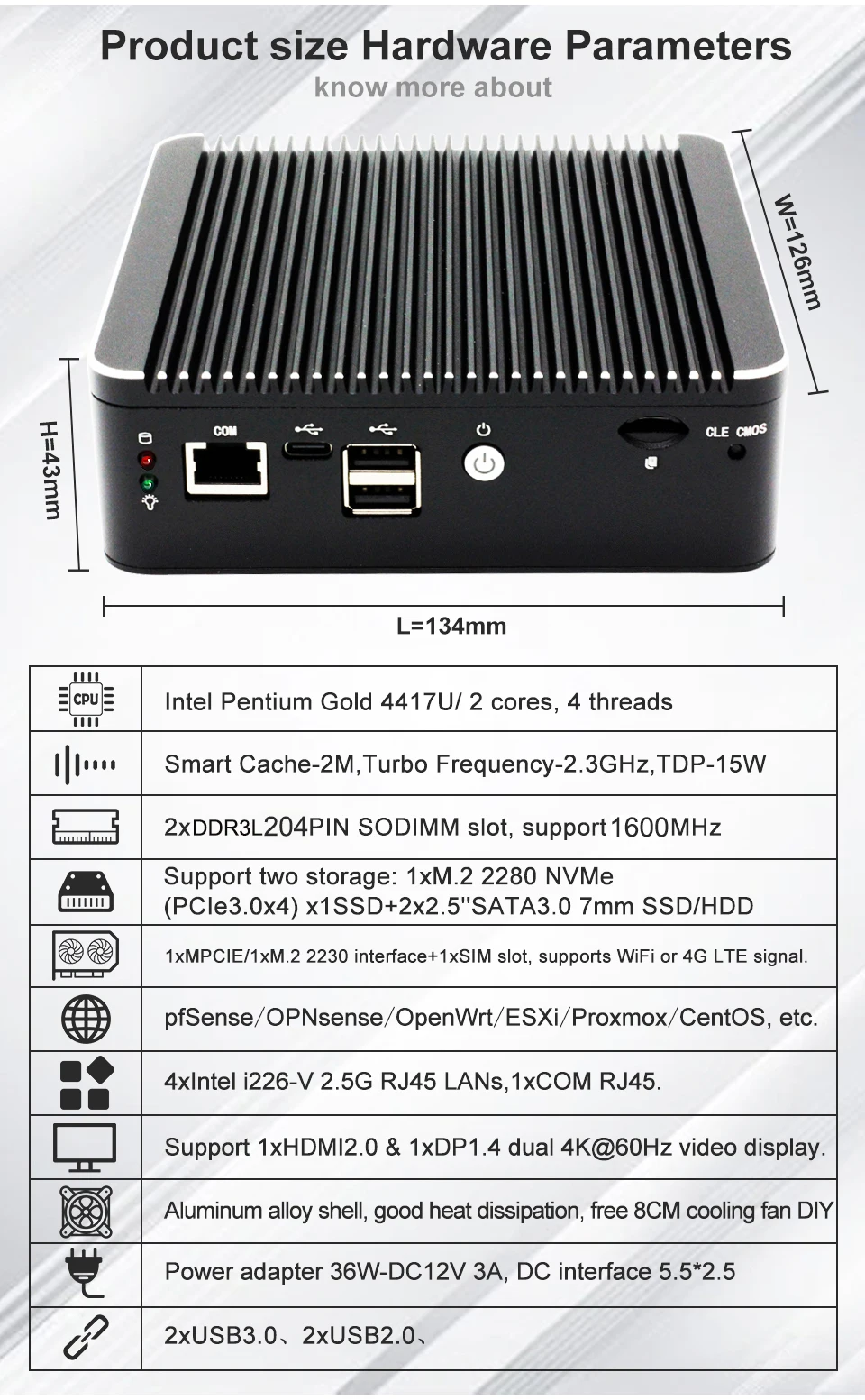 12th Gen Intel Pentium 4417U 2.5G Soft Router 4X I226-V LANS RJ45 Fanless Mini PC HD DP USB-C PfSense OPNsense Firewall PVE ESXI