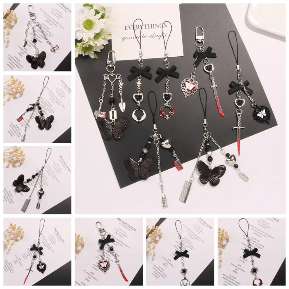 Black Butterfly Y2K Phone Strap Charm Gothic Style Mobile Phone Chain Key Cord Lanyard Mobile Keychain Lanyard Phone Pendant