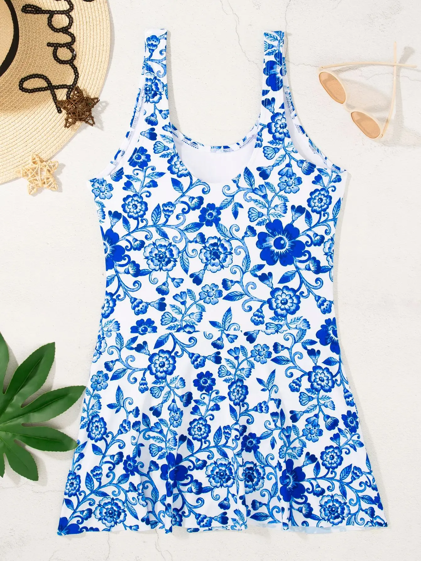 sexy blue and white porcelain swimsuit one piece conservative floral print tie bow mini dress culottes bikinis padded swimwear