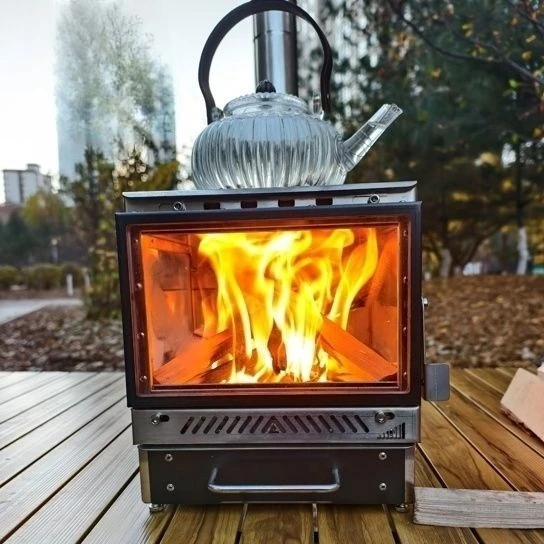 Tent Heater Stainless Steel 3 Glass Fire Observation Fireplace Brazier Portable with Chimney Camping Outdoor Wood Stove