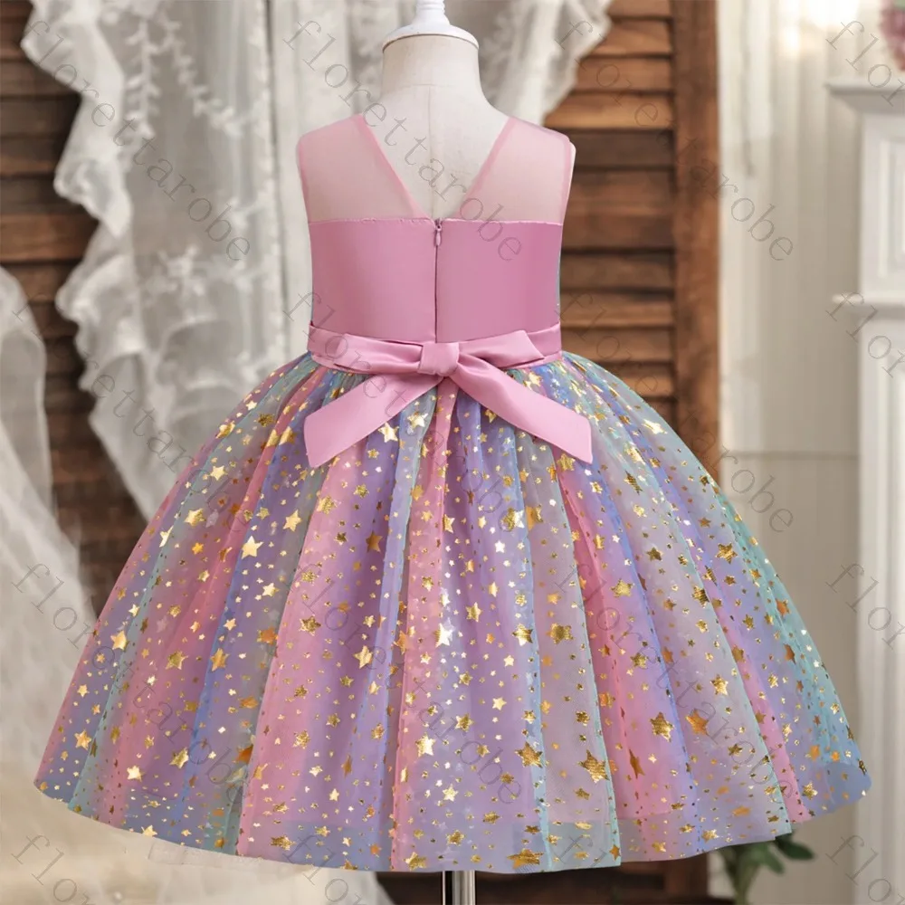 Customized Gradient Rainbow Star Tulle Kids Sleeveless Dress Round Neck Sheer Yoke Big Pink Bow for Birthday Party or Wedding