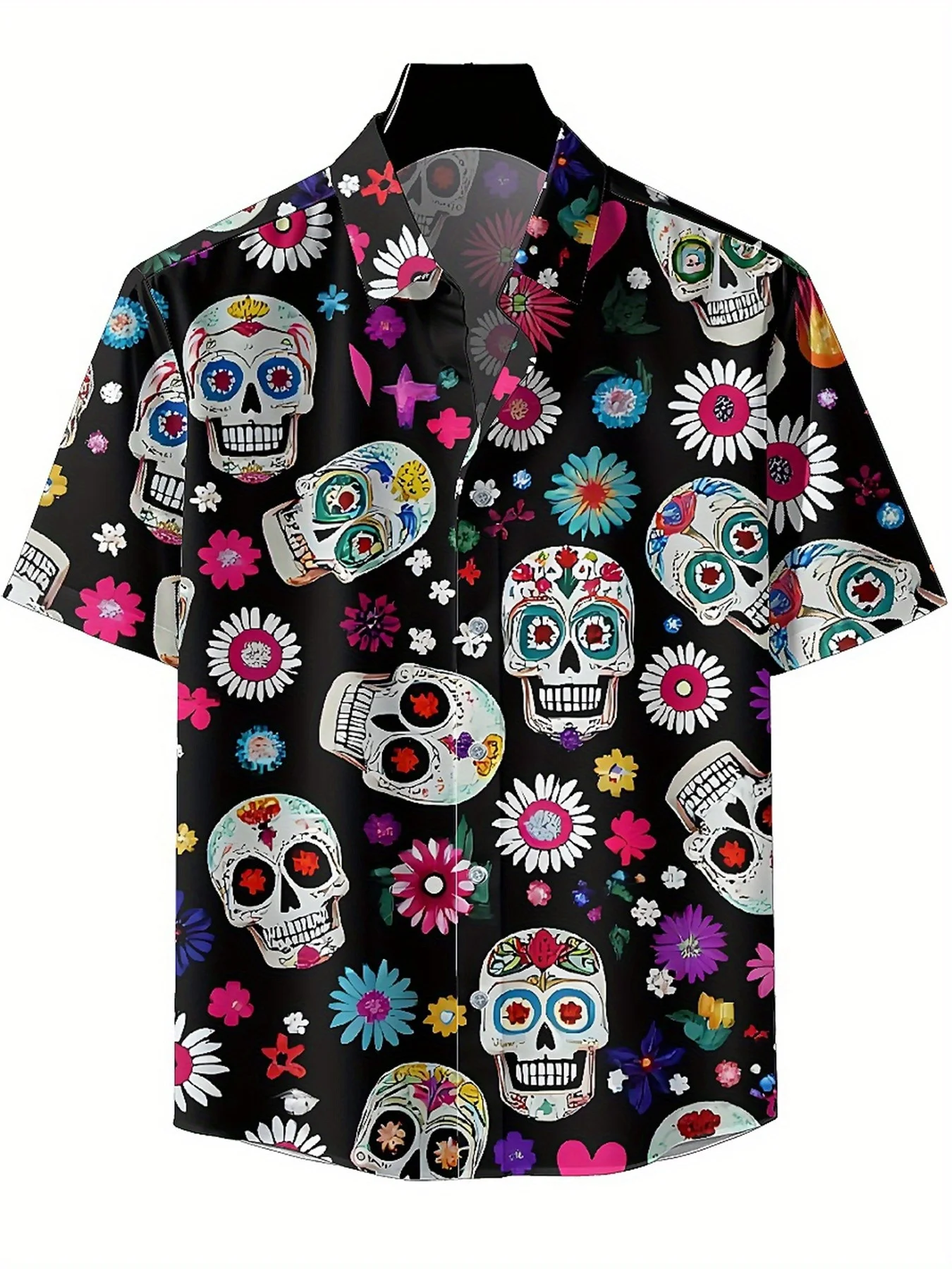 Men's Plus Size Hawaiian Shirts Day of The Dead Theme Floral Skull Pattern,Premium Comfort Youth Clothes,Y2K Tops