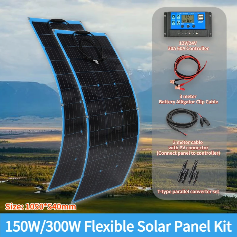 

Flexible Solar Panel Kit Complete 300W 150W 18V Battery Charger System for Home Camper Car Boat RV Travel Camping