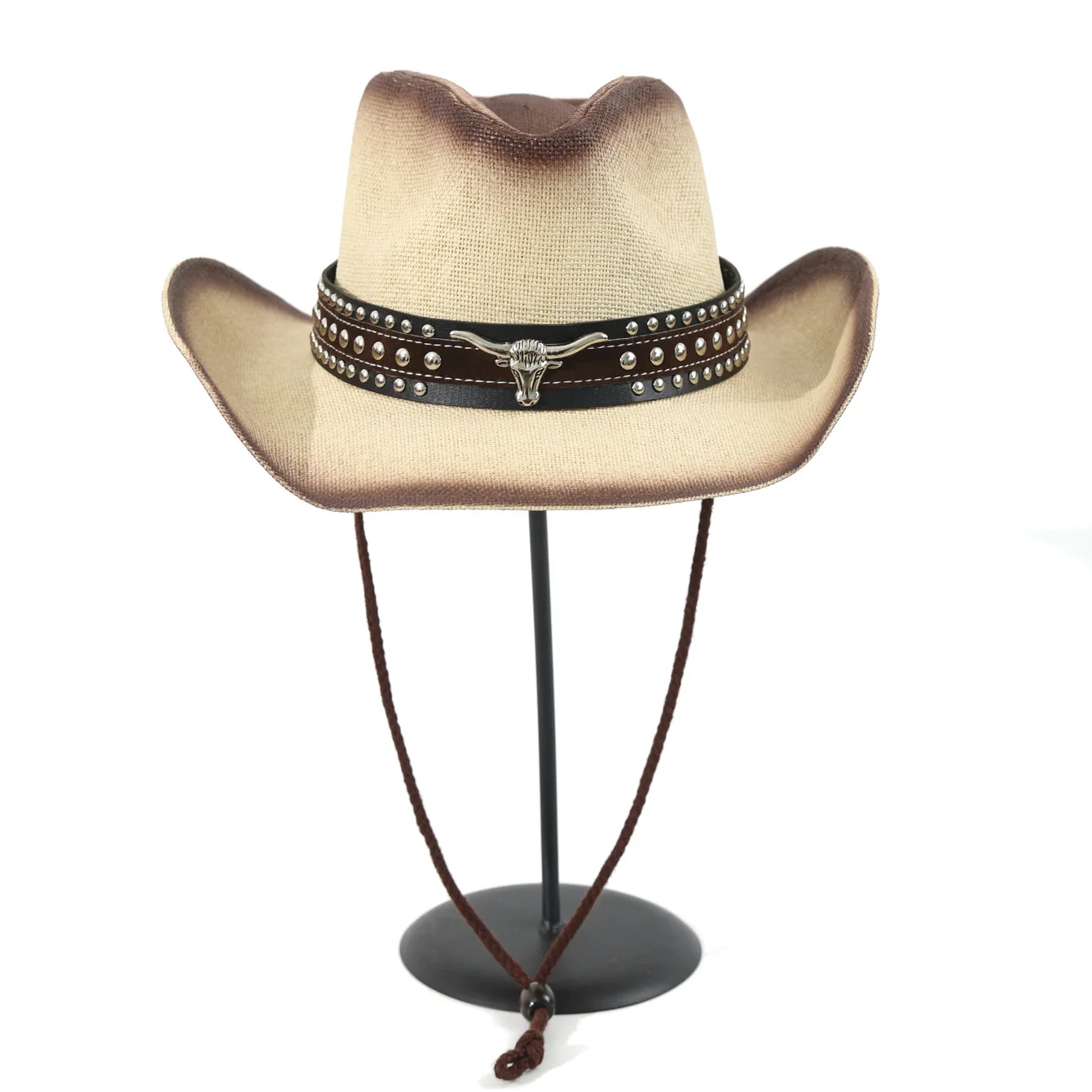Hard Spray Paint Western Cowboy Straw Hat for Summer, Moldable Brim Sun Beach Cap with Bull Head Decor Cross Border