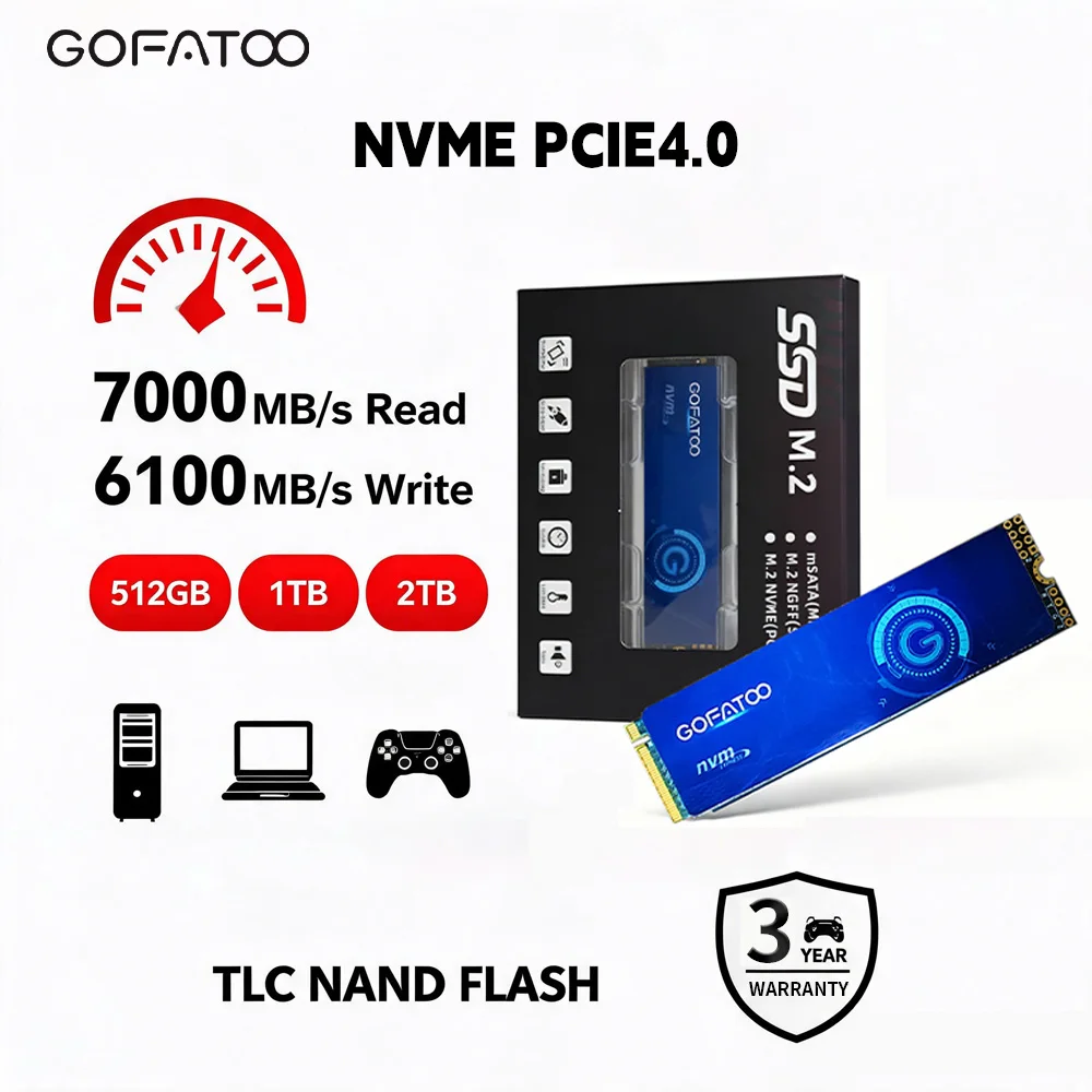 GOFATOO M2 NVMe PCIe 4.0 SSD 7000MB/s High Speed 2280 Internal Solid State Drive 512GB 1TB 2TB For Laptop Desktop Gaming Console