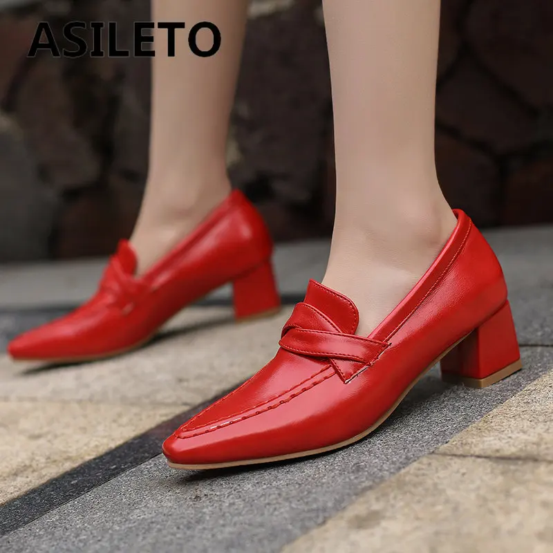 

ASILETO Brand Retro Women Pumps 32 33 Square Toe Vintage Daily Office Lady Shoes Chunky Heels 5cm Slip On Plus Size 50 Red Solid
