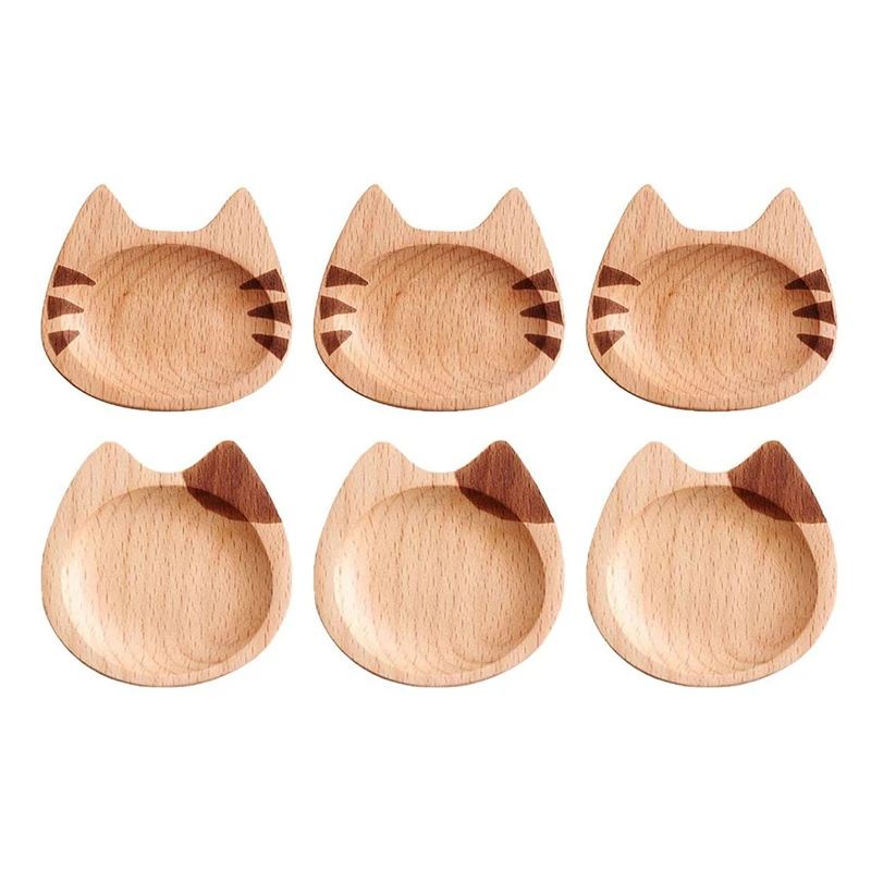 6 Pieces Wood Sauce Dishes Cute Cat Design Dipping Platters Japanese Style Serving Tray For Home Kitchen Seasoning Snack