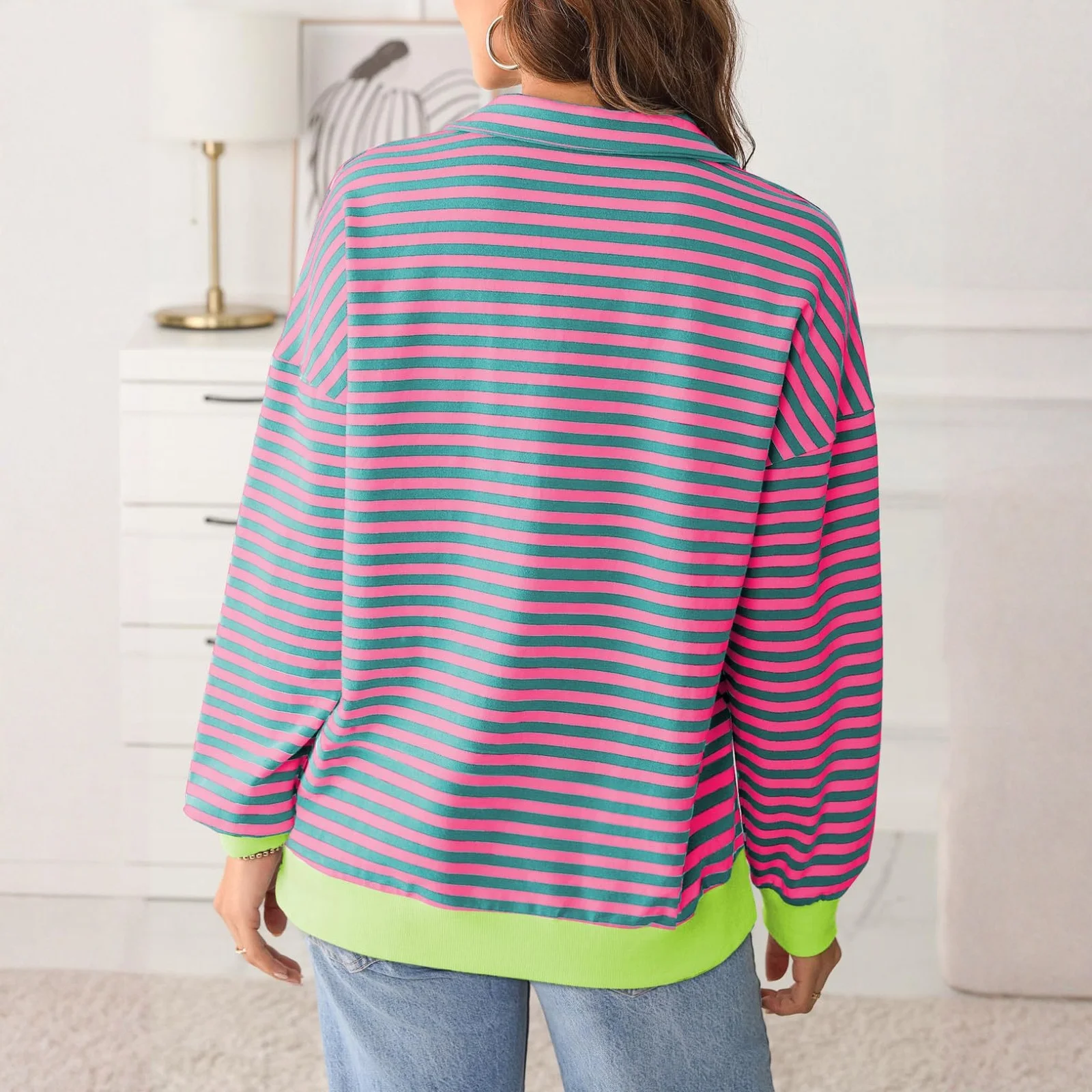 Damska modna bluza sportowa z długim rękawem, w paski, z klapami, wkładana przez głowę, odzież damska, ubrania zimowe dla kobiet.