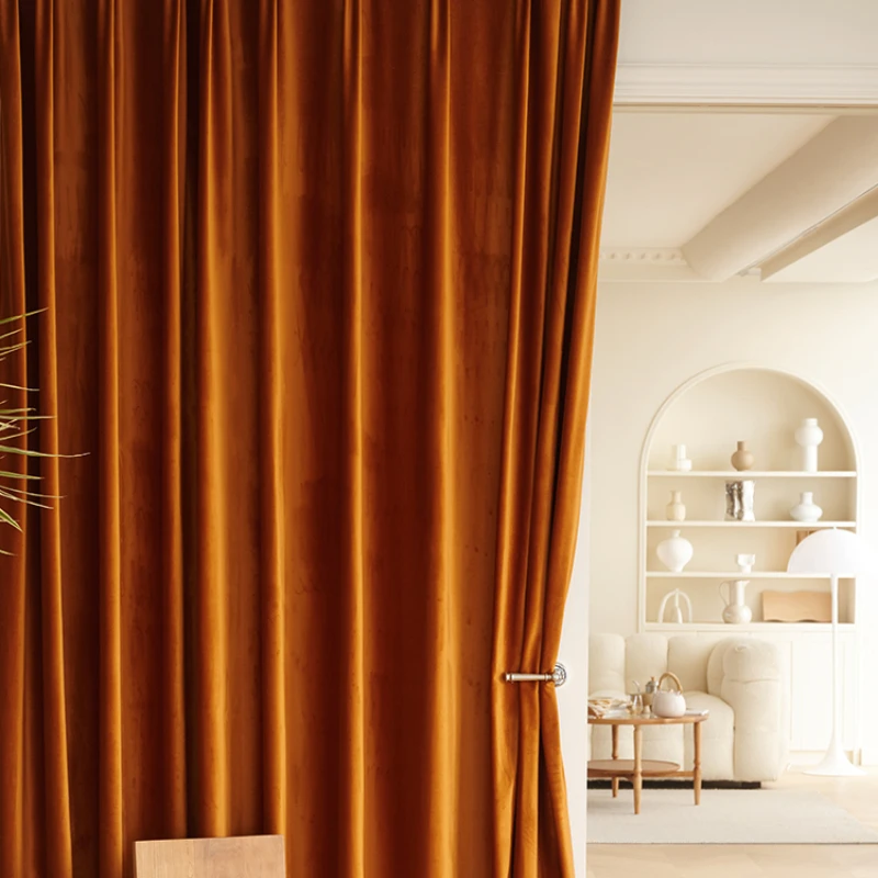 

French Caramel Velvet Curtains Light Luxury Silk Velvet Curtains for Living Dining Room Orange High-shading Curtains for Bedroom