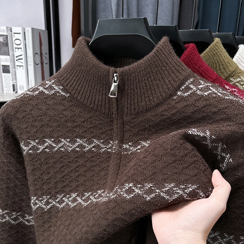 جودة فاخرة رجل طويل الأكمام تريكو رشاقته وهمية الرقبة سستة كابل غرزة غير تشوه بلوفر شتوي الترفيه الرجال القمم #1