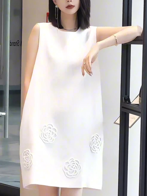 

Ele White round Ne Printed Svel Midi Dr Women's Summer Faionable Skirt Korean Sle Loose Fit High Waist A-L...