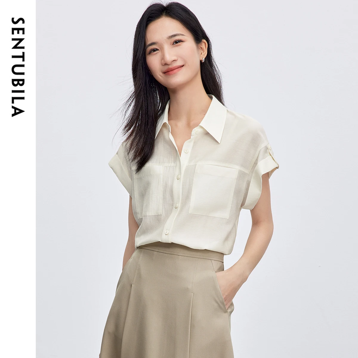 

SENTUBILA Summer Elegant Women Shirt 2025 Commuting Turn Down Collar Drop Sleeve Single Breasted Pockets Ladies Blouses152C87879