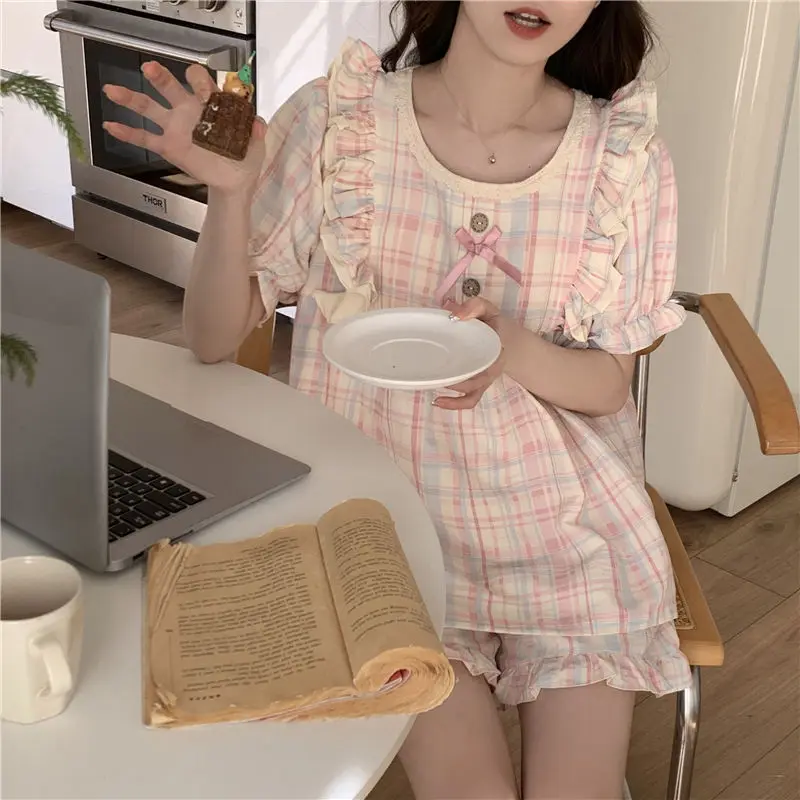 Summer new pajamas female sweet system cute girl style pink plaid bow ruffle homewear short-sleeved shorts two-piece suit