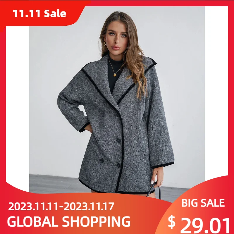 

Women's Autumn Solid Woolen Coat Double Breasted Commuter Coat Suit Collar Medium Length Fashion Elegant Women's Casual Coat